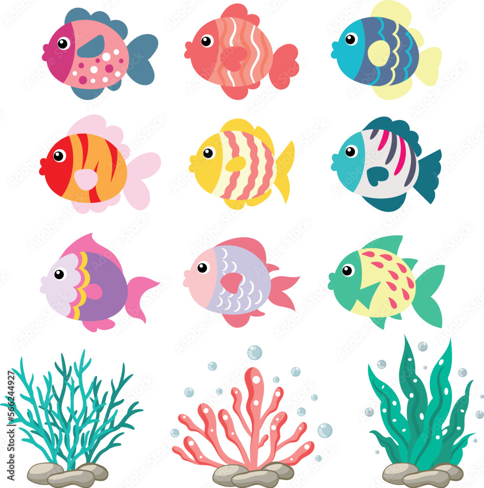 Clipart set of cute decorative fish. Decorative fish EPS. Vector