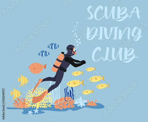 Vector ocean illustration with diver, fish, crab, algae, corals. Scuba diving club - modern lettering.Underwater marine animals.Design for banner,flyer,postcard, website design,poster