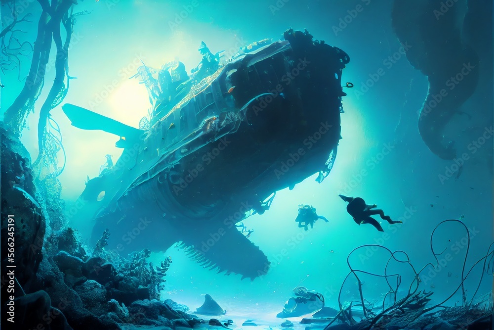Fototapeta premium diving on a sunken ship. an underwater seascape. and a shipwreck. Generative AI