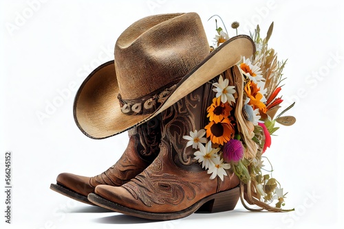 cowboy boots for cowgirl with bouquet of flowers and hat isolated on white. Generative AI