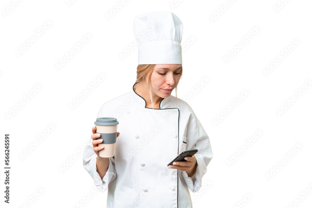 Young chef woman over isolated chroma key background holding coffee to take away and a mobile Young chef woman over isolated chroma key background holding coffee to take away and a mobile