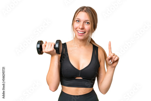 Blonde sport woman making weightlifting over isolated chroma key background pointing up a great idea