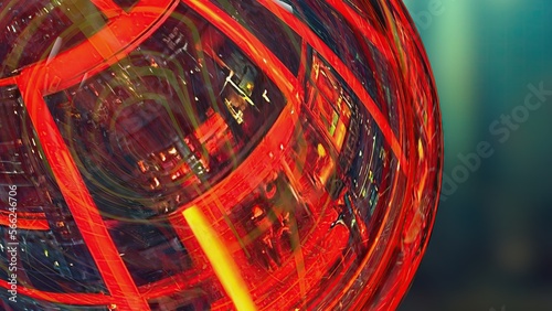 beautiful reflection of a large sphere of fiery red glass Abstract, dramatic, modern, luxurious and exclusive 3D rendering graphic design elemental background material