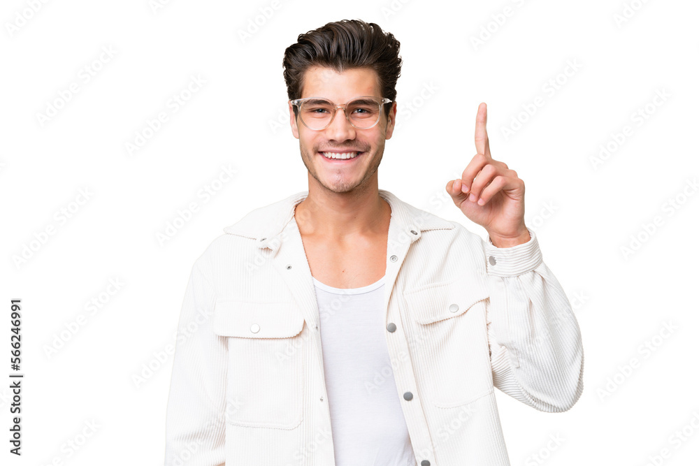 Young handsome caucasian man over isolated background pointing up a great idea Young handsome caucasian man over isolated background pointing up a great idea
