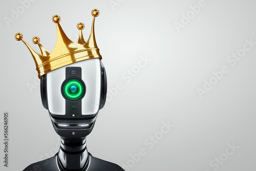 A robot cyborg head in a golden crown. Artificial intelligence controls humanity, future, neural networks, technology, singularity. 3D illustration, 3D rendering.