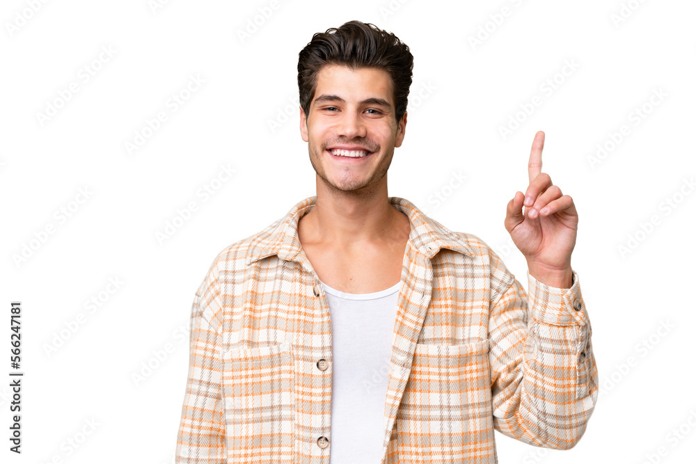 Young handsome caucasian man over isolated background showing and lifting a finger in sign of the best Young handsome caucasian man over isolated background showing and lifting a finger in sign of the best