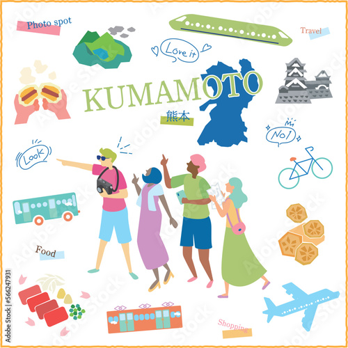 日本の熊本県のグルメ観光を楽しむ旅行客とアイコンセット