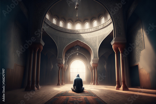 Tela alone man praying in muslim mosque, islamic, ramdan backgrond, Generative AI