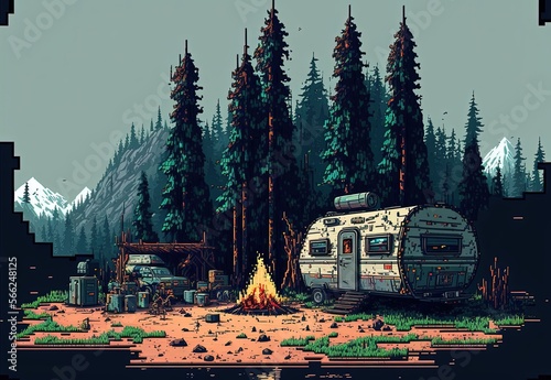 Pixel art post apocalyptic camp trailer, landscape background in retro style for 8 bit game, Generative AI	