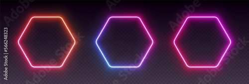 Neon gradient hexagonal frames, glowing borders set, colorful futuristic UI design elements. Vibrant geometric shapes, modern signs collection. Vector illustration.