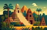 ancient aztec cartoon illustration, pyramid, temple and statues, generative AI