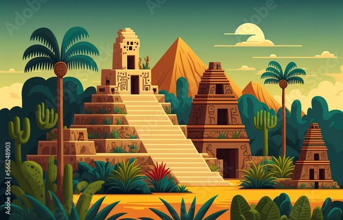 ancient aztec cartoon illustration  pyramid  temple and statues  generative AI