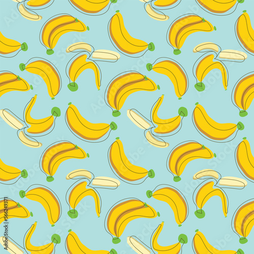 Hand Drawn Bananas Seamless pattern on blue background, Yellow Fruits. Cute Banana Vector Illustration. © TIDARAT