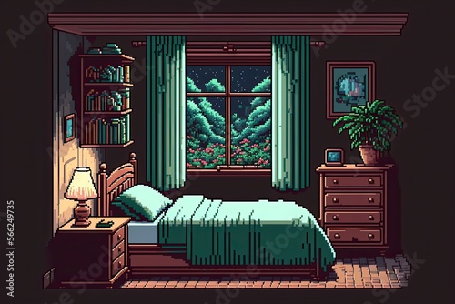 Pixel art bedroom with antique decor, bed, chest of drawers, wardrobe, background in retro style for 8 bit game, Generative AI