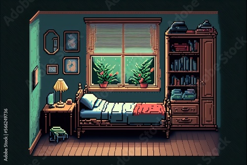 Pixel art bedroom with antique decor, bed, chest of drawers, wardrobe, background in retro style for 8 bit game, Generative AI