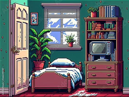 Pixel art bedroom with antique decor, bed, chest of drawers, wardrobe, background in retro style for 8 bit game, Generative AI