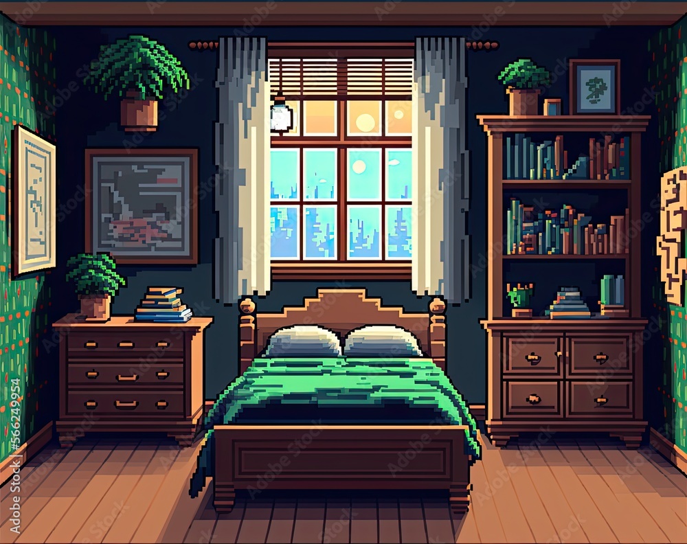 Pixel art bedroom with antique decor, bed, chest of drawers, wardrobe ...