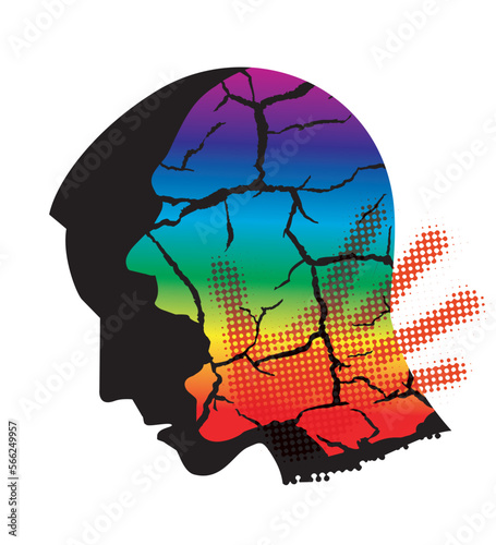Young man homosexual, cracked silhouette of screaming man, victim of hate and violence.
Stylized male silhouette with hand print after hand slap. Vector available. photo