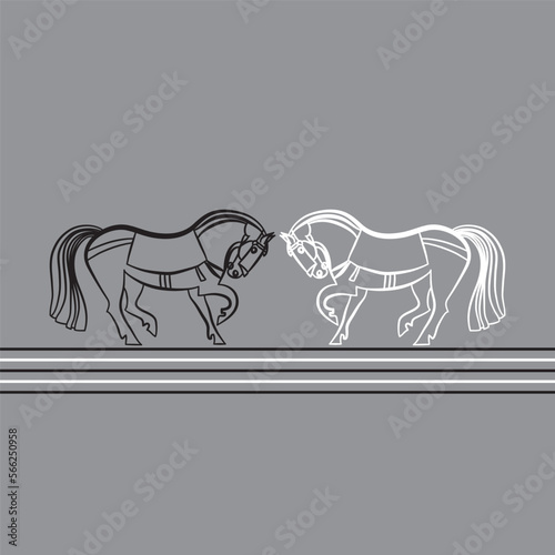Two saddled racehorses stand opposite each other