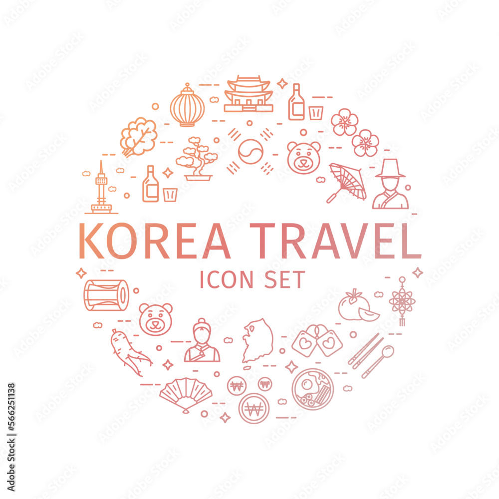 Korea Travel and Tourism Round Design Template Thin Line Icon Concept ...