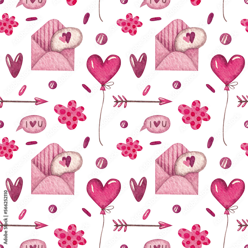 Seamless pattern with an envelope, hearts and a balloon on a white background. Watercolor illustration. Happy Valentine's Day. Printing on fabric and paper. Holiday. Handmade work. Design. Wallpaper. Seamless pattern with an envelope, hearts and a balloon on a white background. Watercolor illustration. Happy Valentine's Day. Printing on fabric and paper. Holiday. Handmade work. Design. Wallpaper.