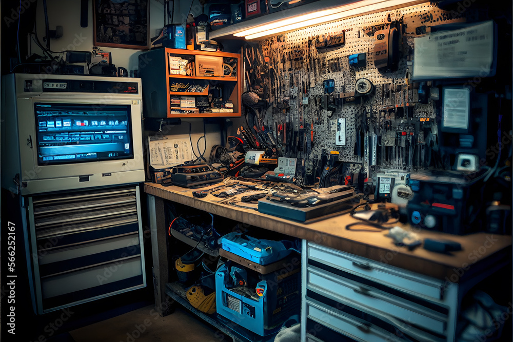 Home Garage with Tools and Cabinets. Generative AI.