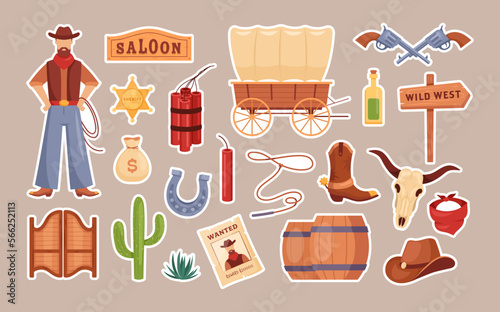 Wild West stickers. Vector icon set of western Texas with cowboy, hat, wooden signboard, cactus, dynamite, gun, wanted poster, sheriff badge, cow skull, tequila, horseshoe. Collection for game, print