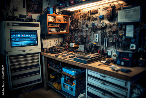 Home Garage with Tools and Cabinets. Generative AI.