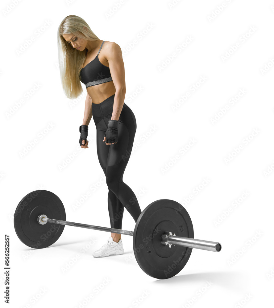 Fitness woman full-length portrait. Barbell squats workout. Transparent PNG isolated. Buttocks, legs training. Fitness woman full-length portrait. Barbell squats workout. Transparent PNG isolated. Buttocks, legs training.