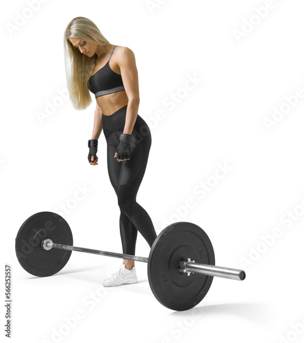 Fitness woman full-length portrait. Barbell squats workout. Transparent PNG isolated. Buttocks, legs training. 