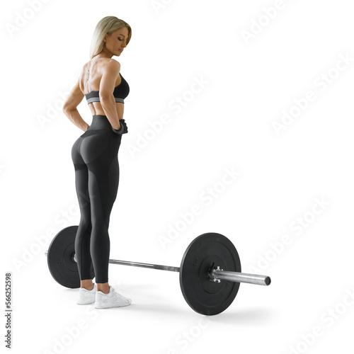 Fitness woman resting after barbell squats workout. Bodybuilder woman turning back. Fitness woman full-length portrait. 