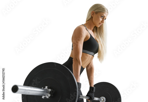 Fitness woman portrait. Confident looking female bodybuilder squats with barbell.