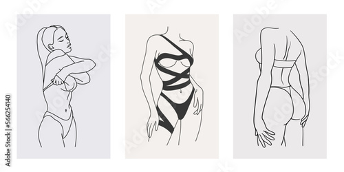 Sexy girl takes off her clothes. Naked girl clipart in line art style. Vector illustration. 