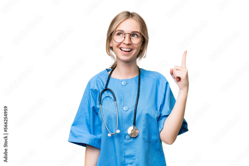 Young nurse English woman over isolated background pointing up and surprised Young nurse English woman over isolated background pointing up and surprised