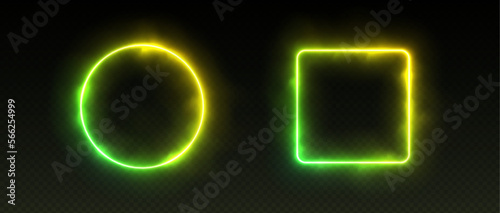 Gradient neon frames with smoke, green yellow led borders with mist effect, transparent glowing haze. Avatar frames for game UI. Vector illustration.