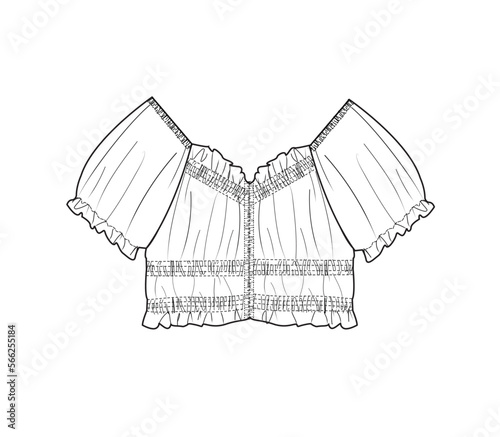 woman baloon sleeve, shirred,smocking crop top technical drawing vector