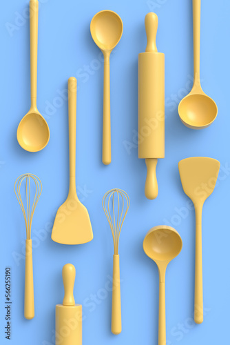 Wooden kitchen utensils, tools and equipment on monochrome background.