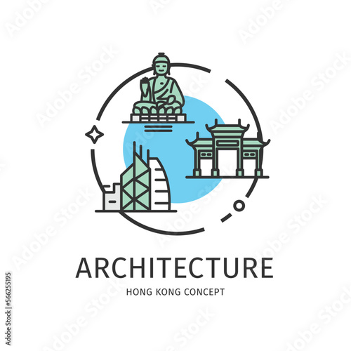 Hong Kong Travel and Tourism Thin Line Icon Architecture Concept Include of Skyscraper, Buddha Statue and Pagoda. Vector illustration