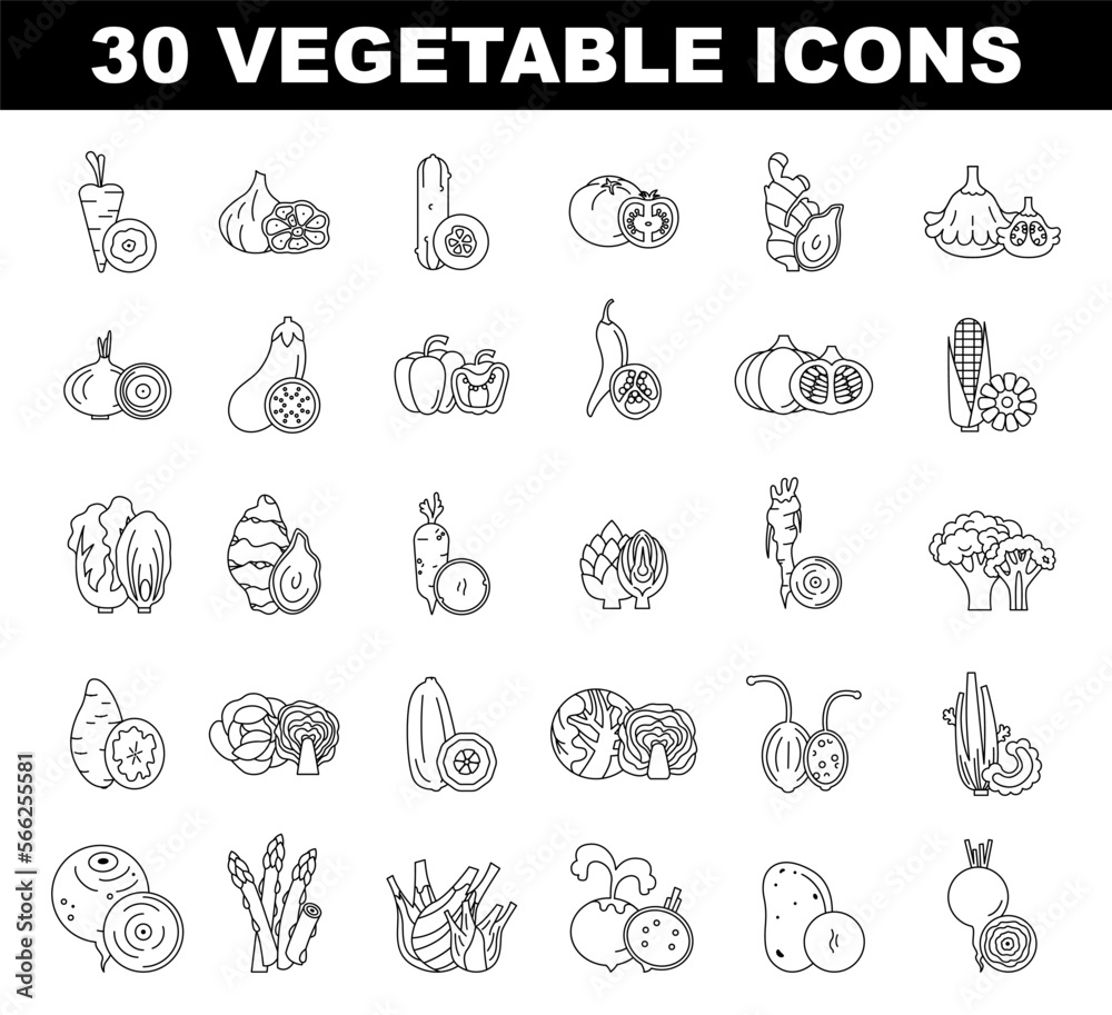 Vegetables black and white icons set. Simple line symbol of fresh