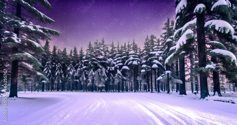 Winter forest landscape with snow covered trees and purple starry sky, winter scene