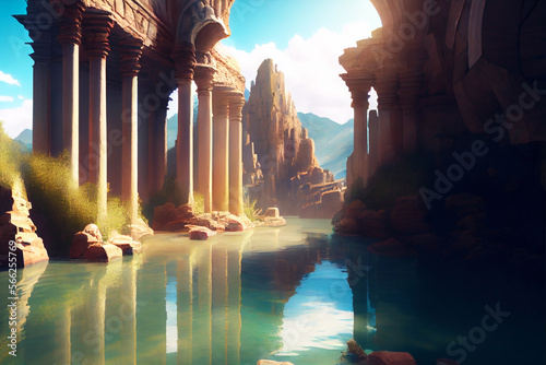 Ancient ruins with waterpool and reflections. Generative Ai Art. Greek architecture with columns. Destroyed building.