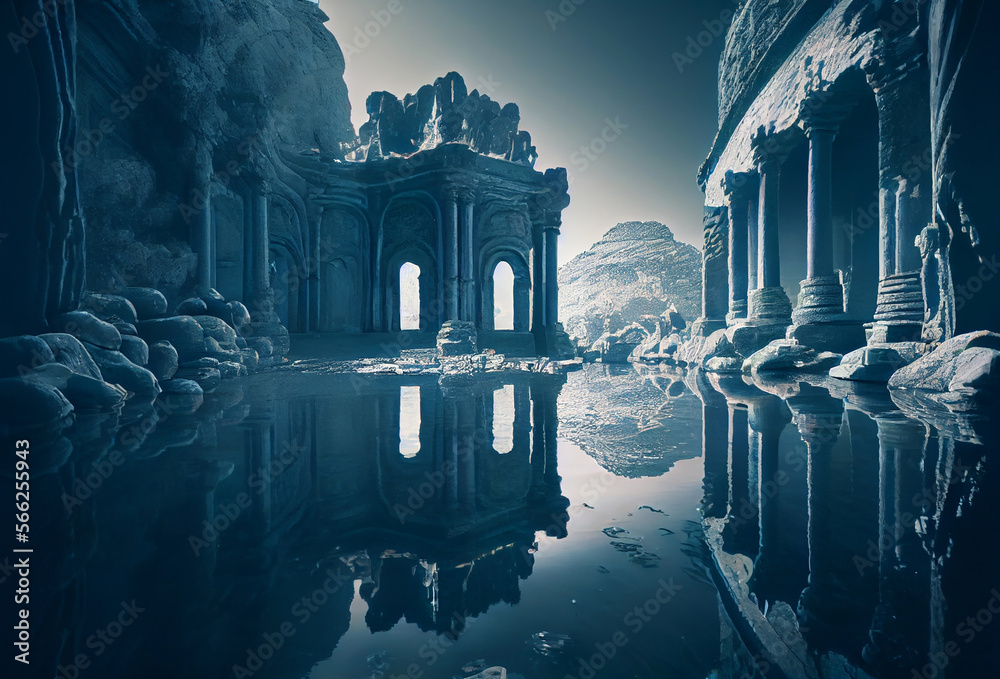 Fototapeta Ancient ruins with waterpool and reflections. Generative Ai Art. Greek architecture with columns. Destroyed building.