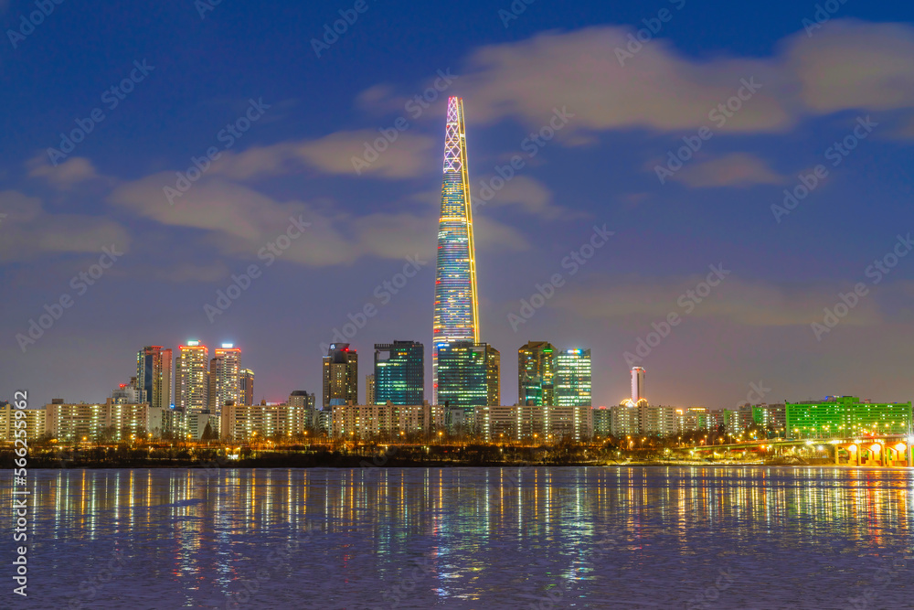 Seoul Subway and Lotte Tower at Night, In winter, the weather is cool and the sea is frozen. South korea