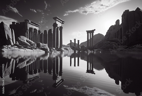 Ancient ruins with waterpool and reflections. Generative Ai Art. Greek architecture with columns. Destroyed building.