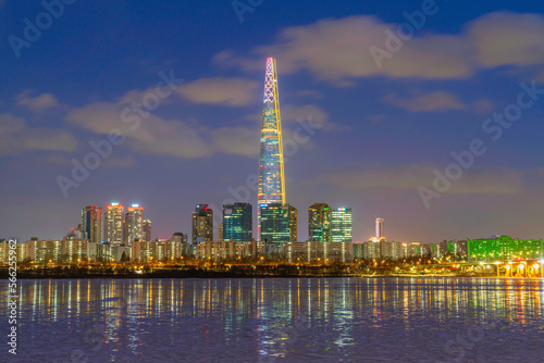 Seoul Subway and Lotte Tower at Night  In winter  the weather is cool and the sea is frozen. South korea