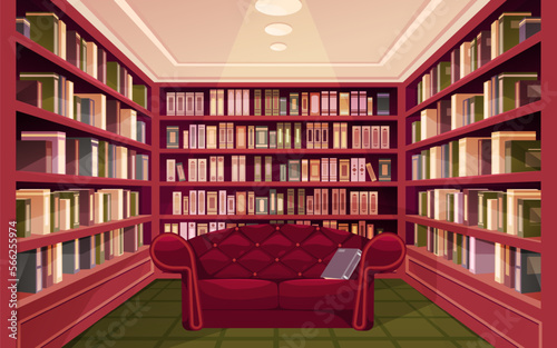 Poster with library room and shelves. Vector image