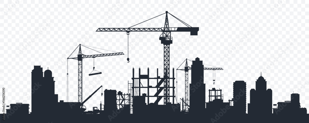 Black silhouette of a construction site isolated on transparent background. Construction cranes over buildings. City development. Urban skyline. Element for your design. Vector illustration. - obrazy, fototapety, plakaty 
