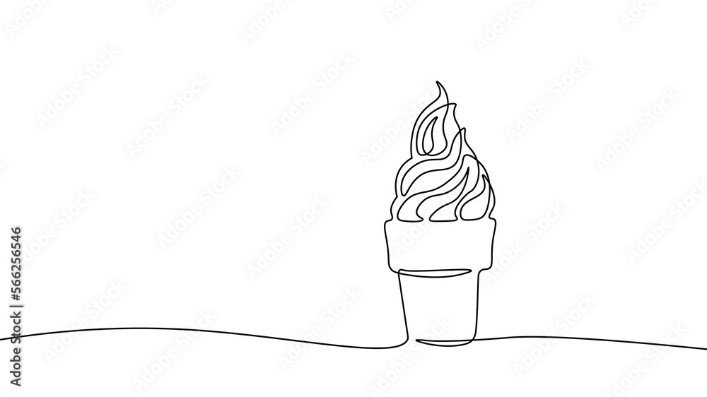 Single continuous one line art icecream dessert. Frozen waffle scoop
