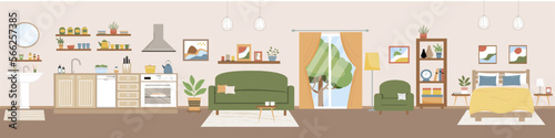 Living room vector illustration. Living room with furniture. Sofa, armchair, table, balcony, rack, home plants, table, decoration. Flat style.
