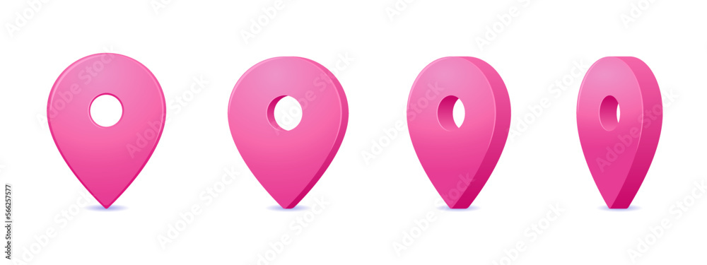 Vector collection of pink three dimension location pins. Set of 3d realistic location tag with shadow. Vector illustration of map pointer isolated on white background. Vector collection of pink three dimension location pins. Set of 3d realistic location tag with shadow. Vector illustration of map pointer isolated on white background.